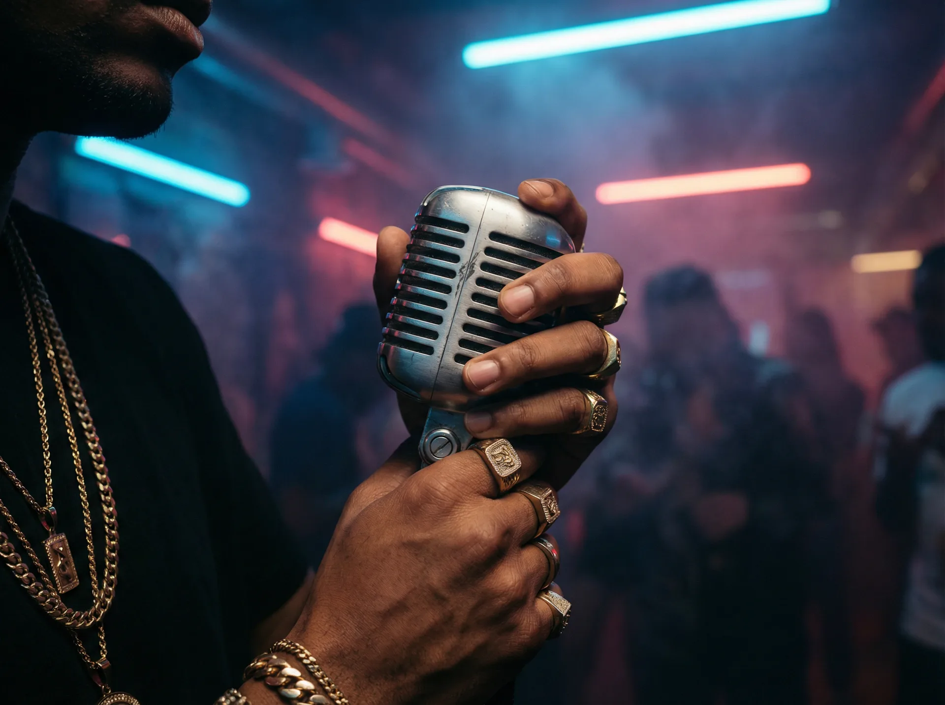 黑料吃瓜 - 说唱歌手手持麦克风特写